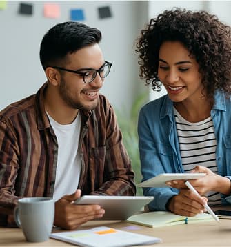 Two smiling educators looking at a laptop