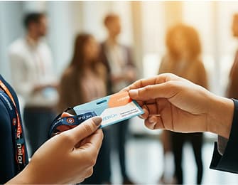 Person handing event badge